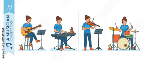 Set of four flat vector illustrations of a young female musician practicing various musical instruments including acoustic guitar, electronic keyboard, violin, and drums with a metronome and stand.