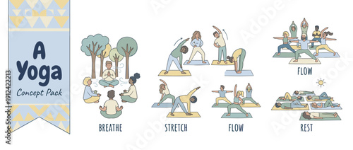 Set of 4 Vector Illustrations of Diverse People Practicing Yoga in a Park, Featuring Breathing Exercises, Stretching Poses, Dynamic Flow Sequences, and Final Relaxation for Wellness and Mindfulness
