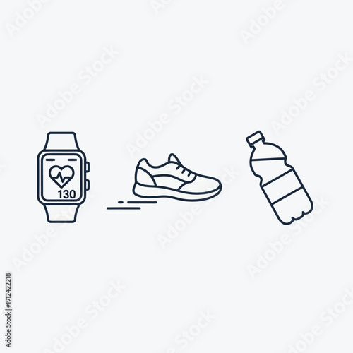 Fitness smartwatch running shoe water bottle icons for healthy lifestyle and exercise tracking vector