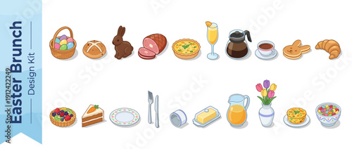 Isometric Vector Icon Set of 20 Easter Brunch Foods and Tableware Featuring Chocolate Bunny, Colored Eggs, Ham, Quiche, Mimosa, Coffee, Carrot Cake, Fruit Tart, Tulips, and Breakfast Essentials.