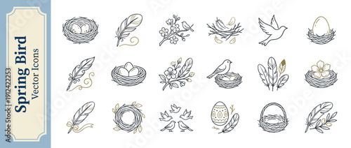 Set of 18 Elegant Spring Bird and Nest Vector Icons featuring Feathers, Eggs, and Floral Elements. Luxury Thin Line Art Illustrations for Easter, Nature, Wedding, and Minimalist Branding Designs.