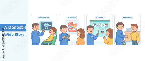 Set of 4 Vector Illustrations of a Friendly Dentist Explaining a Treatment Plan to a Patient; Including Consultation, Diagnosis, Planning, and Next Steps Handshake for Dental Clinic Education.
