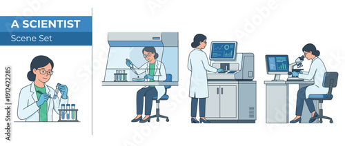 Vector Illustration Set of a Female Scientist Working in a Laboratory, Labeling Test Tubes, Using a Pipette in a Fume Hood, Operating Diagnostic Machines, and Analyzing Samples with a Microscope