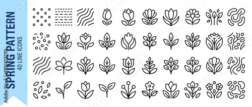 Set of 40 Modern Rounded Line Icons for Spring Patterns featuring Minimalist Floral Elements, Botanical Leaves, Flowers, Tulips, Dots, Stripes, and Abstract Organic Shapes for Creative Design.