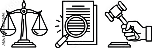 Legal justice concept icons scales document magnifier gavel hand abstract line art vector