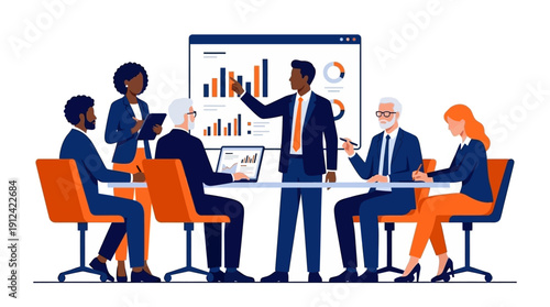 Diverse business team collaborating on strategic presentation in a modern meeting room