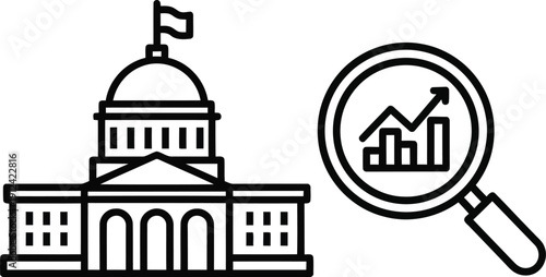 Government building magnified analyzing financial growth chart research strategy vector