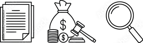 Legal finance audit concept icons stack documents money bag gavel magnifying glass investigation law business vector