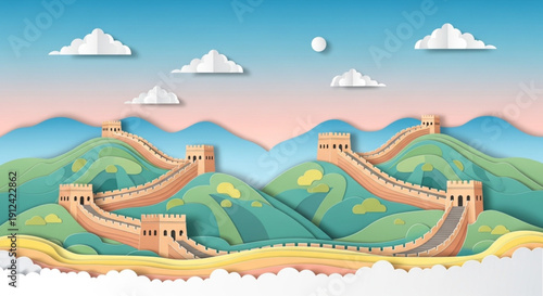 A colorful and scenic papercraft illustration of the Great Wall of China winding through green hills under a sunset sky.