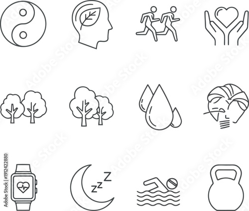 Healthy lifestyle icons set representing wellness fitness nutrition and balance concepts vector