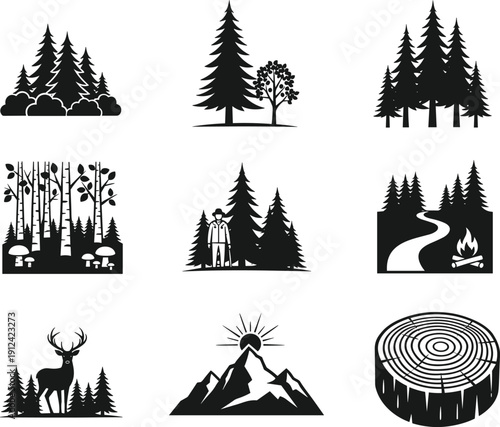 A collection of minimalist black and white vector icons featuring evergreen pine forests mountain peaks deer wildlife a campfire and a wood stump section.