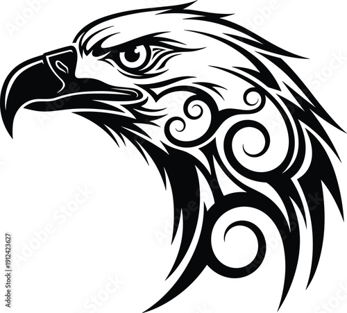 Black and white tribal eagle head vector illustration with decorative swirls and sharp gaze isolated on white background for logo