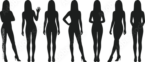 Group of standing woman silhouettes in different poses like waving and arms crossed isolated on white background vector illustration set