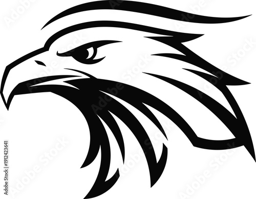 Black and white vector illustration of a powerful eagle head mascot with sharp gaze isolated on white background for logo