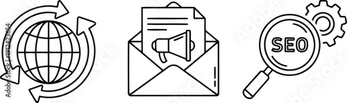 Digital marketing icons global reach email campaign seo strategy and analytics gear optimization vector