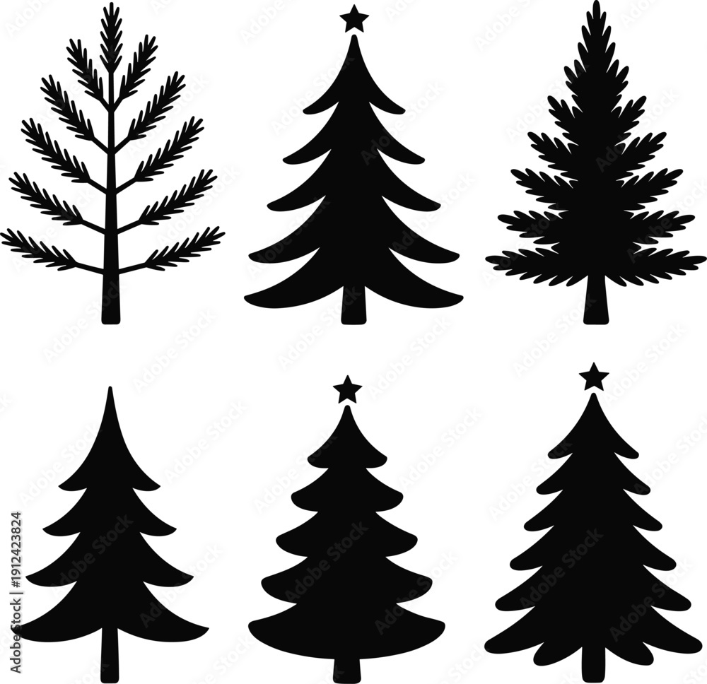 Obraz premium Black Christmas tree set vector on white background.