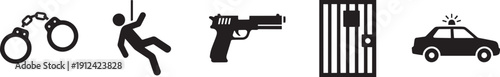 Set of vector silhouette design elements with crime and law enforcement icons bundle of 5