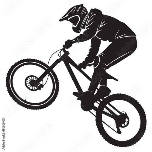 Mountain Biker Jumping Silhouette, Downhill MTB Rider Vector Illustration