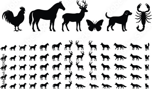 Black silhouettes of animals including rooster, horse, deer, butterfly, dog, and scorpion with a large set of miniature animal icons