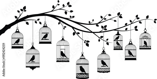 Black silhouettes of birds in decorative birdcages hanging from a leafy tree branch isolated on white background for wall design