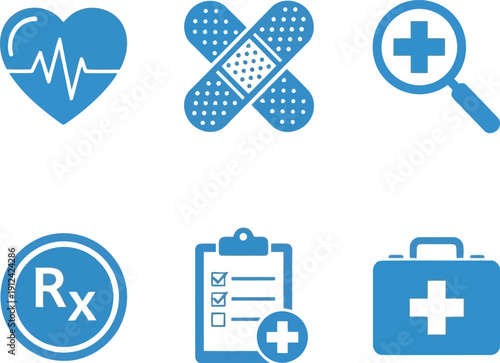 Healthcare medical icons set cardiology bandage aid cross magnifier rx and first aid kit symbols vector