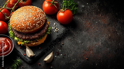 Wallpaper Mural Gourmet beef burger with sesame bun fresh lettuce cheese ketchup ripe tomatoes and garlic on a dark textured background Torontodigital.ca