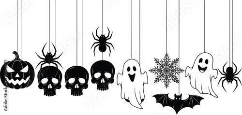 Black silhouettes of hanging Halloween decorations including jack o lantern, skulls, spiders, ghosts, bat, and snowflake isolated on white background