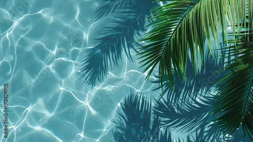 Palm tree fronds casting shadows on the rippling surface of a clear blue swimming pool.