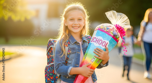 Cheerful Girl with Festive Schultüte on School's First Day