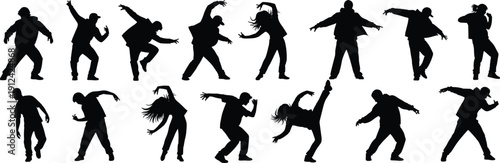 Black silhouettes of street dancers performing breakdance, hip hop moves, and contemporary dance poses isolated on a white background for design