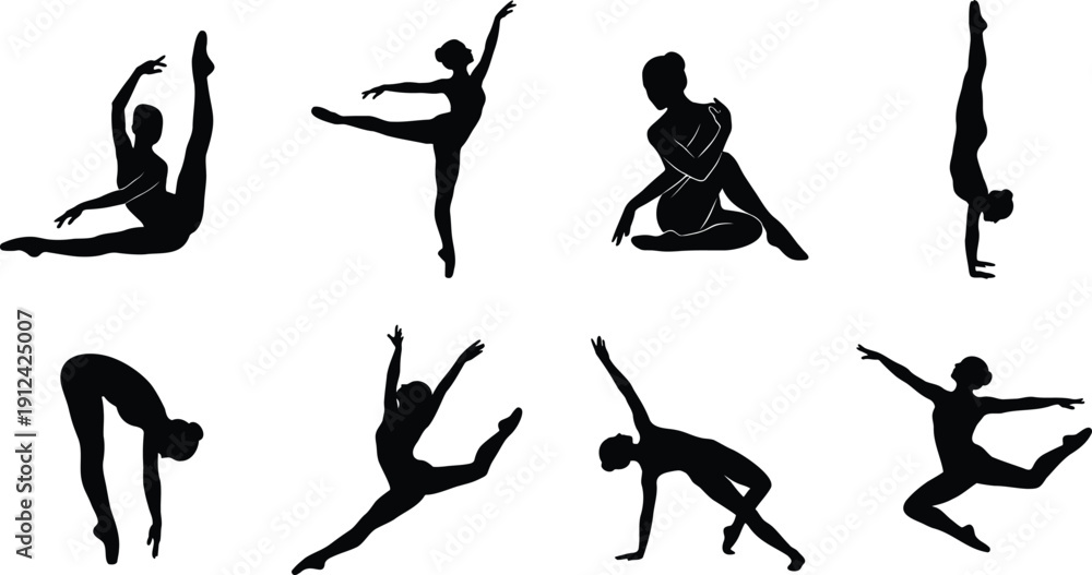 Obraz premium Set of silhouette female gymnasts or ballet dancers performing flexible poses like jumping and handstand, vector illustration on white background