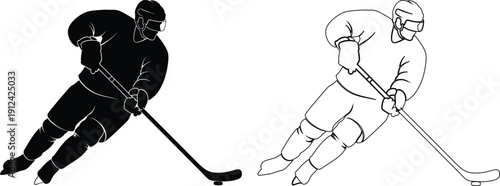 Two ice hockey players demonstrating offensive and defensive stances during a game