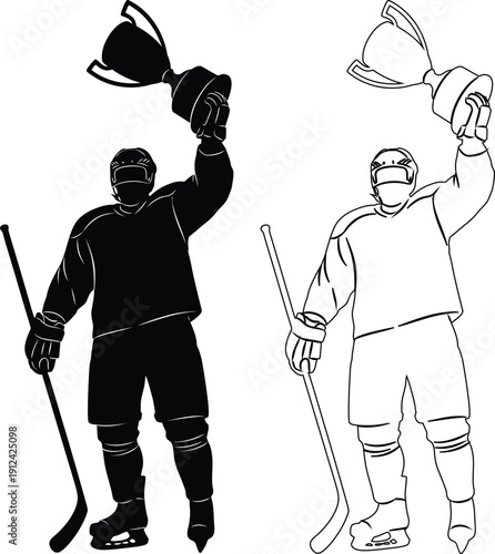 Two hockey players celebrating a goal with raised sticks and helmets