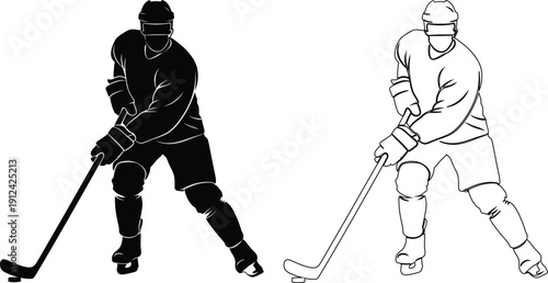Two ice hockey players in action with their sticks on the rink