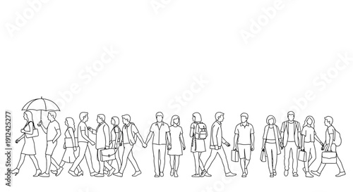 Line of People Walking in Various Attire.