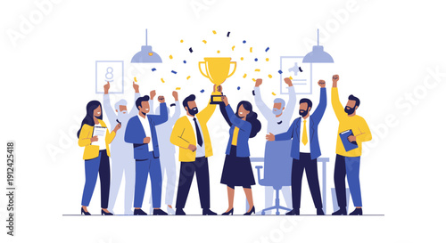 Celebrating success: A diverse team triumphs together holding trophy with confetti