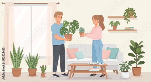 Couple exchanging potted plants in a cozy living room, surrounded by greenery and natural light