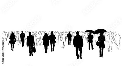 Silhouetted Business People Walking in Crowd.