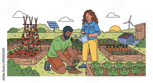 Couple gardening together in their vegetable garden using sustainable practices and tools