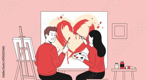 Couple painting a heart together on a canvas creating a symbol of love and creativity art concept