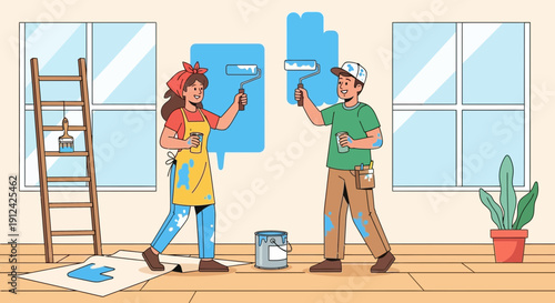 Couple Painting a Room Together, Engaged in Home Improvement and Renovation Project