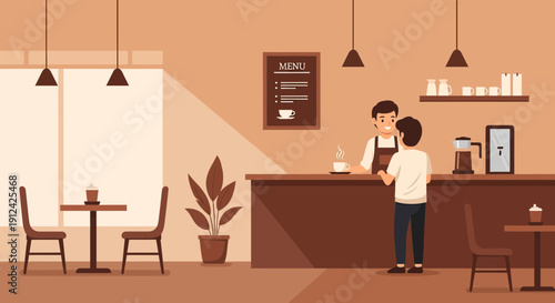 Customer ordering coffee from friendly barista in cozy cafe interior with minimalist design