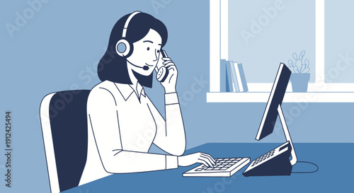Customer service representative wearing headset working in call center office concept