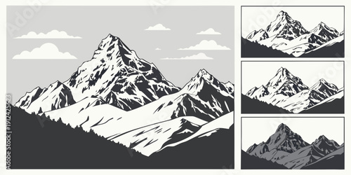Three distinct views of a majestic mountain range in black and white