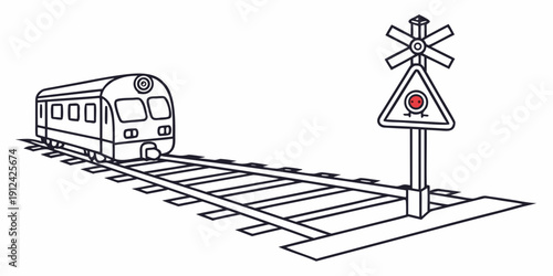 A train approaching a railway crossing with a warning sign and barriers.