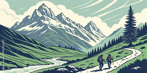 A serene mountain landscape with hikers enjoying the scenic view and nature