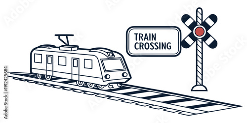 Modern train approaching a railroad crossing with a warning sign.