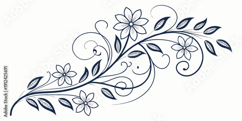 Intricate black and white floral design with delicate swirls and leaves.