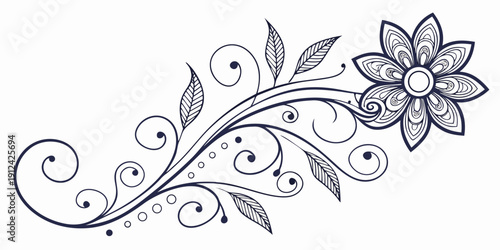 Intricate black and white floral design with a prominent flower and swirling leaves