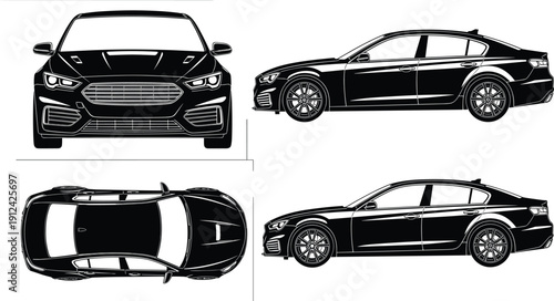 Black and white sedan car technical illustration showing front, top, and side views with detailed design features including grille, headlights, windows, wheels, and body contours.